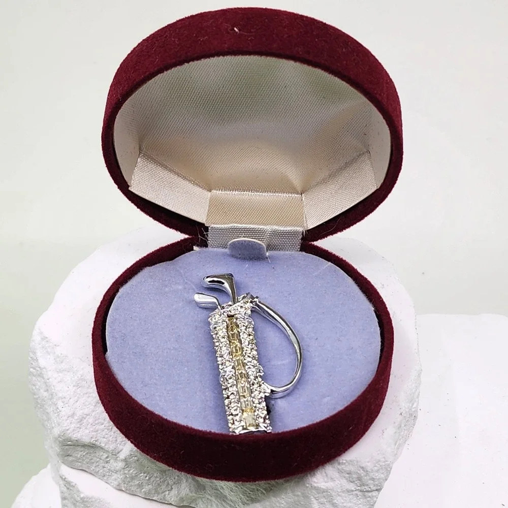 Vintage Rhinestone Golf Bag Brooch Silver Tone Crystal Clubs Sports Golfer Pin